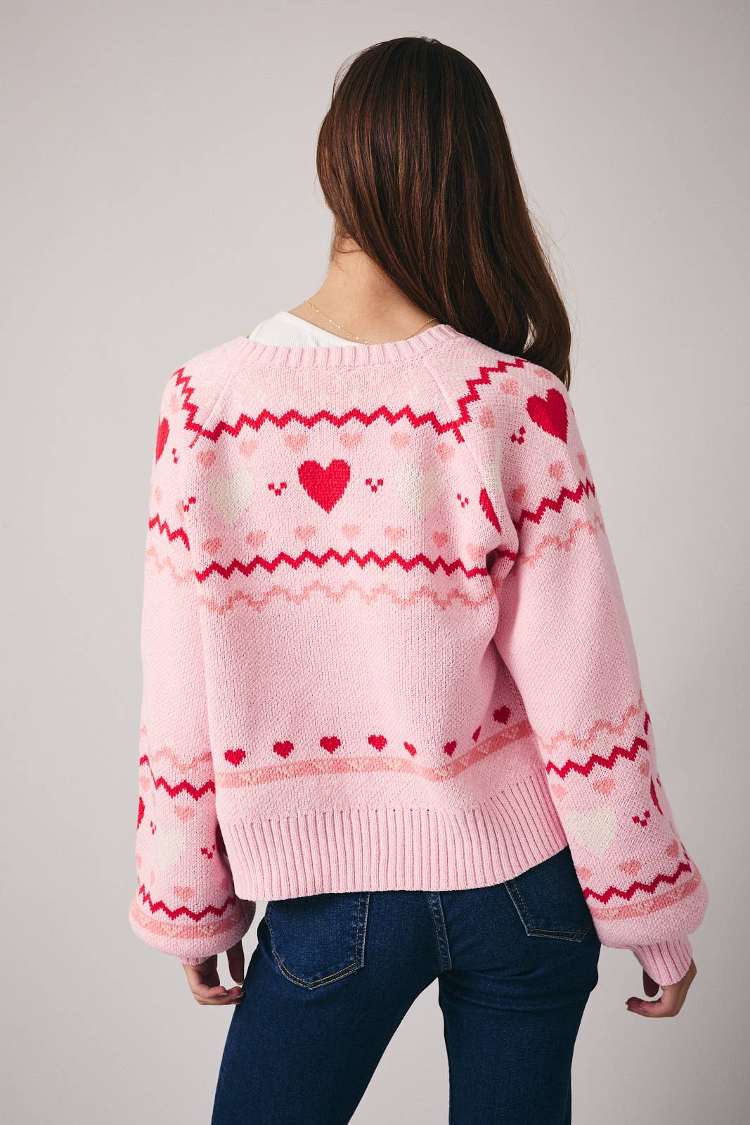 ROUND NECK LONG SLEEVE "HEART" PATTERN SWEATER CARDIGAN: PINK