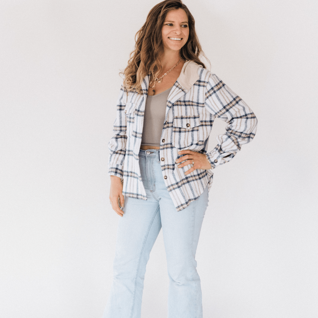 Cream & Navy Plaid Flannel Hoodie
