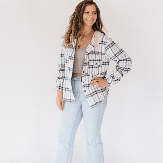 Cream & Navy Plaid Flannel Hoodie