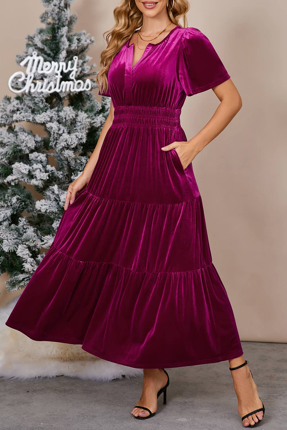 Chic Velvet Shirred Waist Tiered Fall Maxi Dress