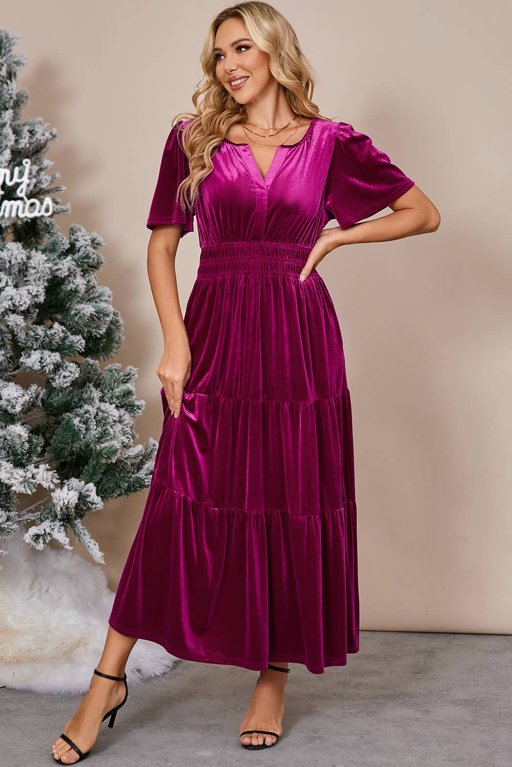 Chic Velvet Shirred Waist Tiered Fall Maxi Dress