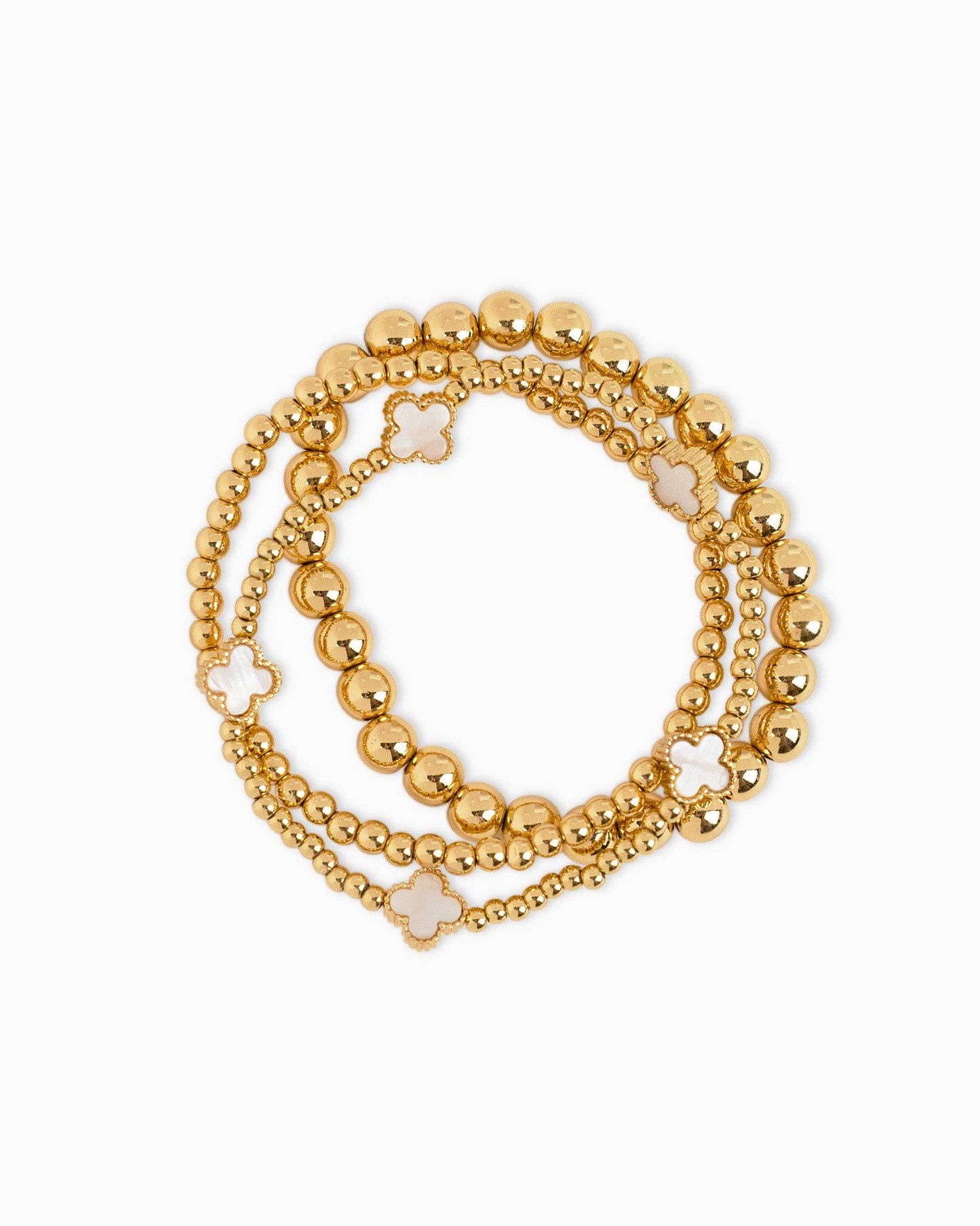 MOP Clover Stretch Bead Bracelets, Set of 3: White