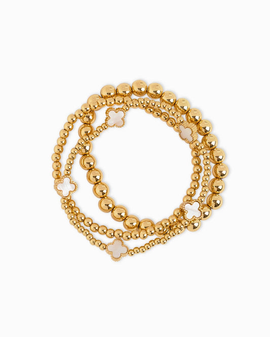 MOP Clover Stretch Bead Bracelets, Set of 3: White
