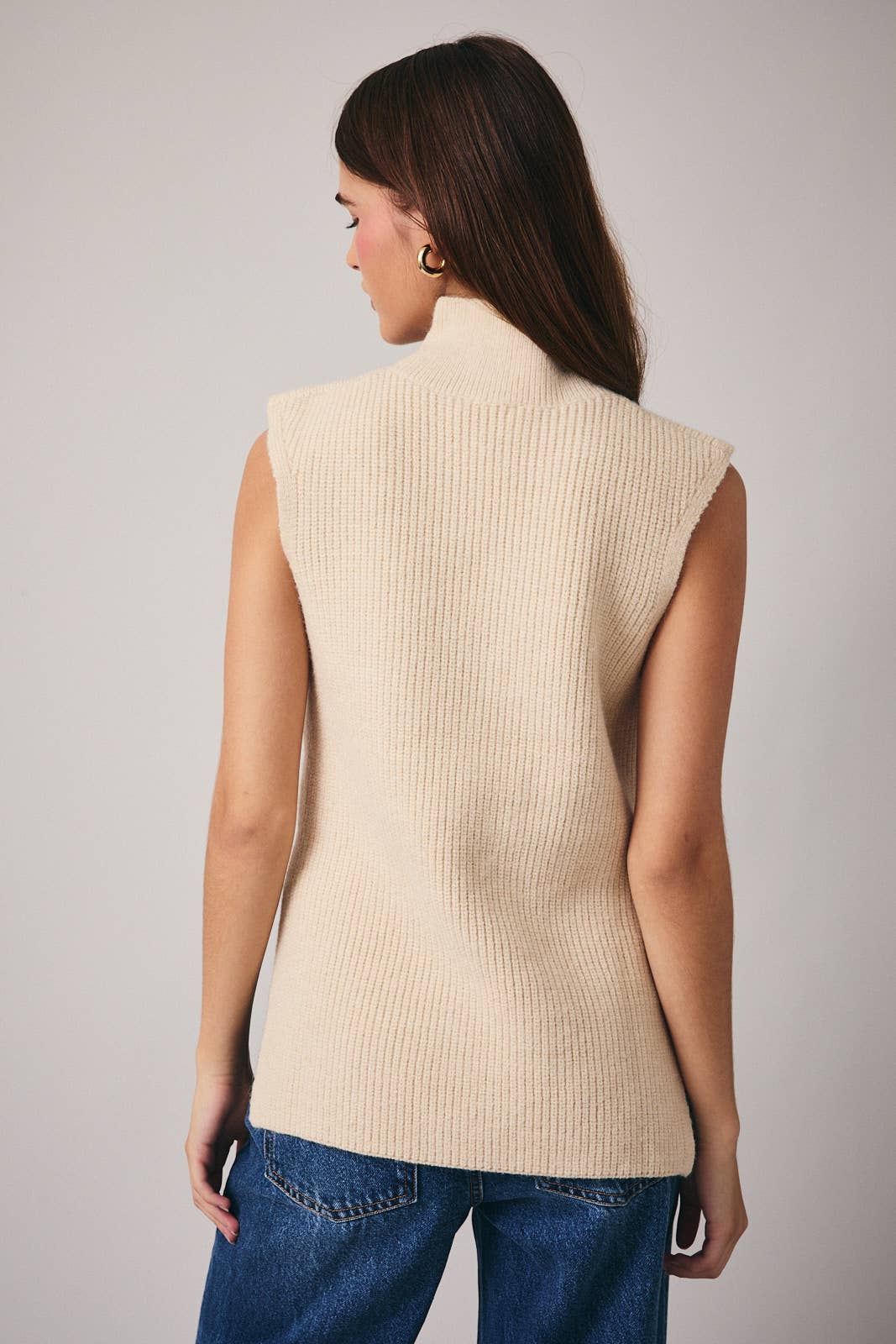 High Neck Sleeveless Sweater Top: Cream