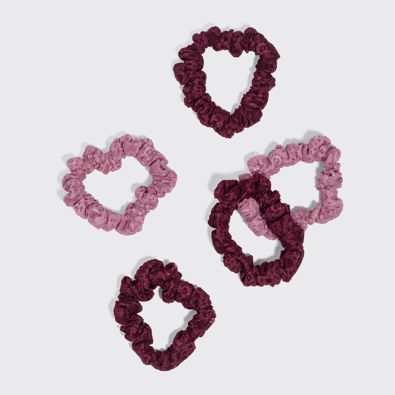 Ruched Lace Scrunchies 5pc Set - Cherry Lacquer & Dusty Pink
