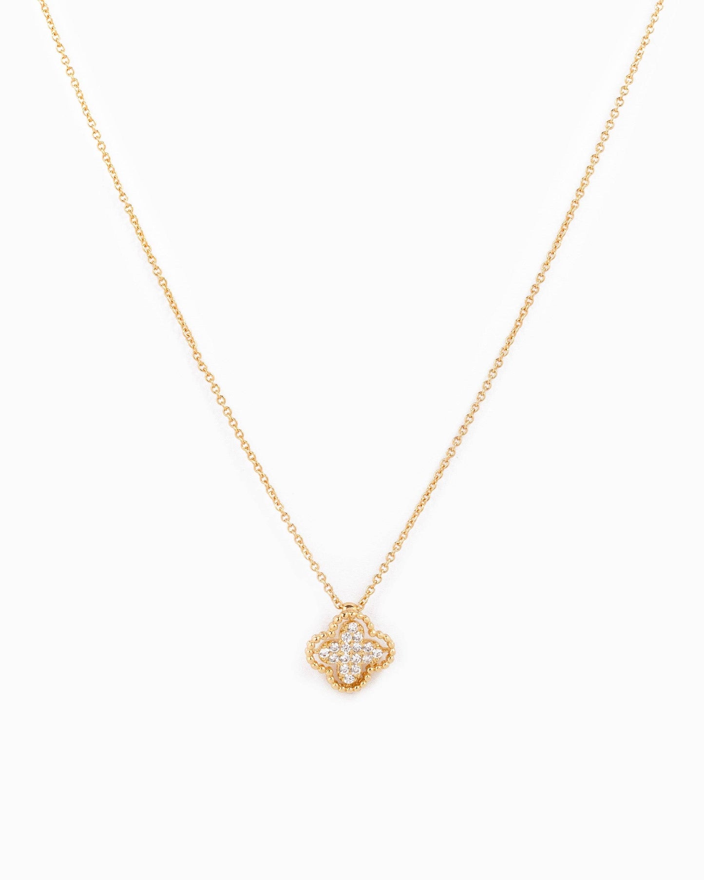 Open Frame CZ Pave Clover Necklace: Gold