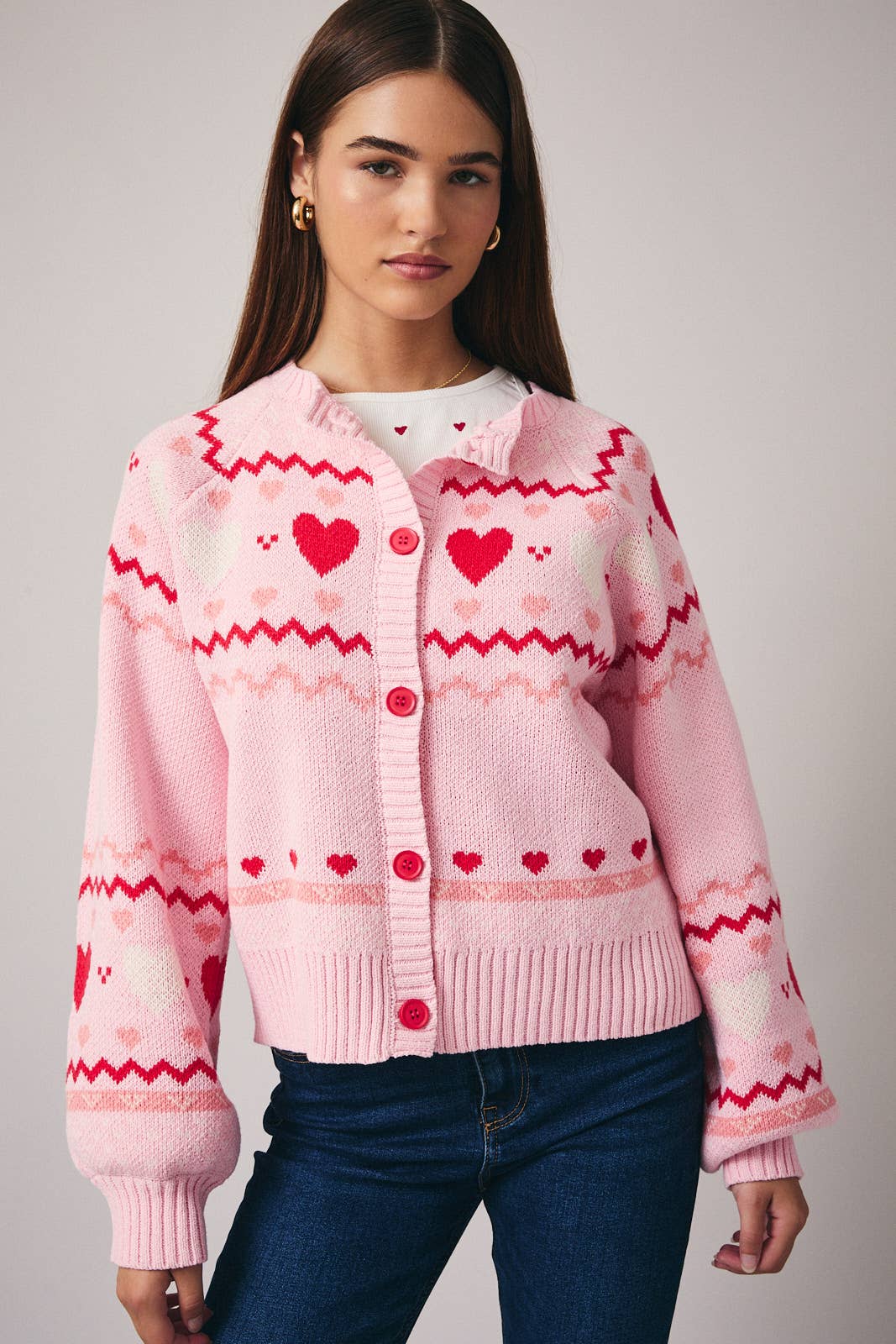 ROUND NECK LONG SLEEVE "HEART" PATTERN SWEATER CARDIGAN: PINK