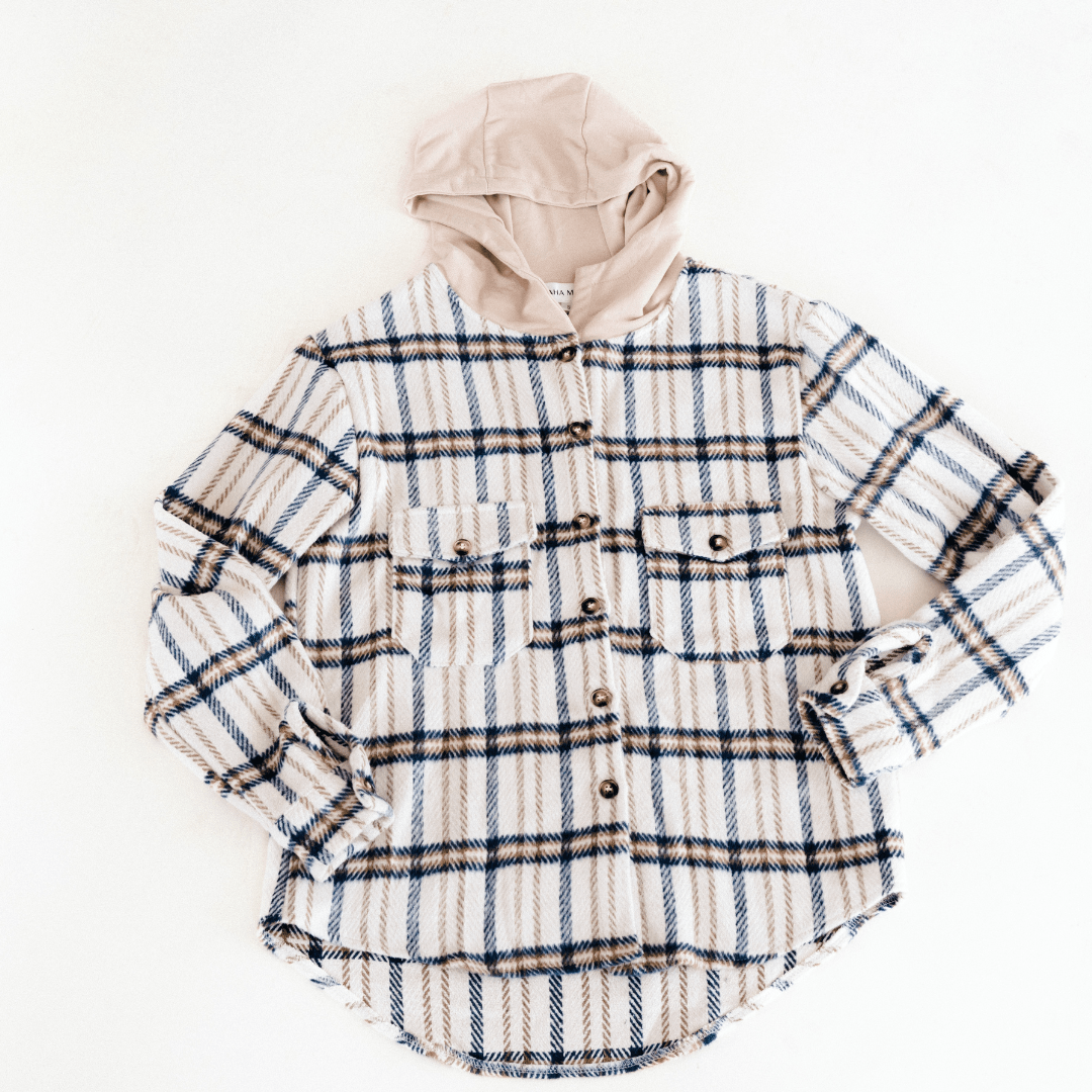 Cream & Navy Plaid Flannel Hoodie
