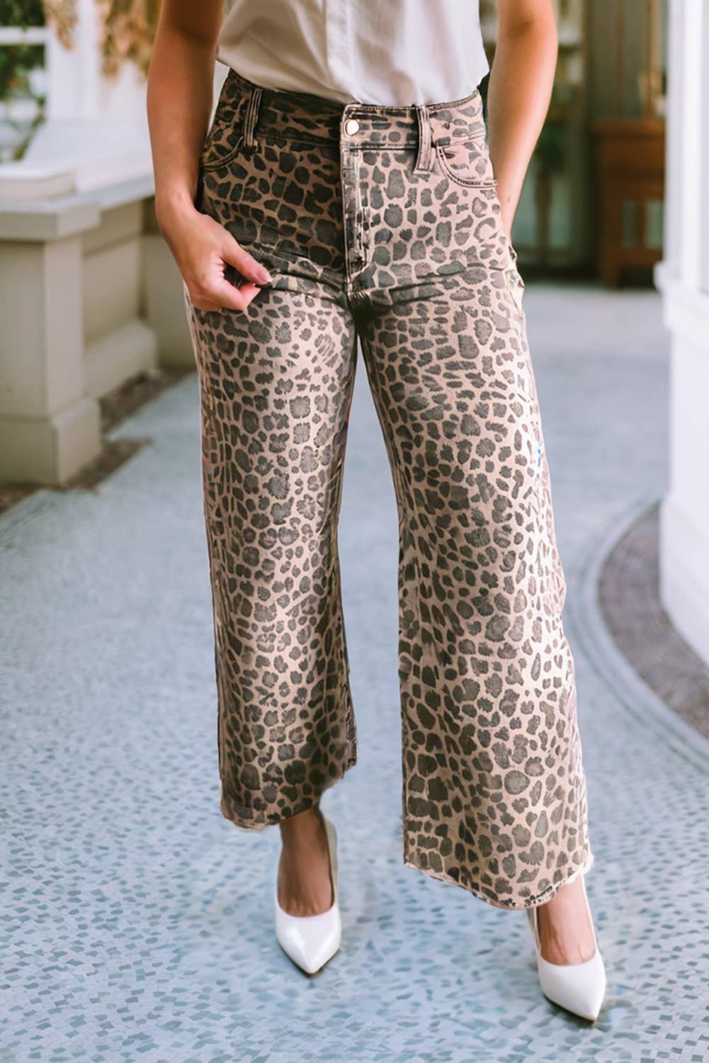 Spring Leopard Frayed Edge Wide Leg High Waist Jeans: Brown