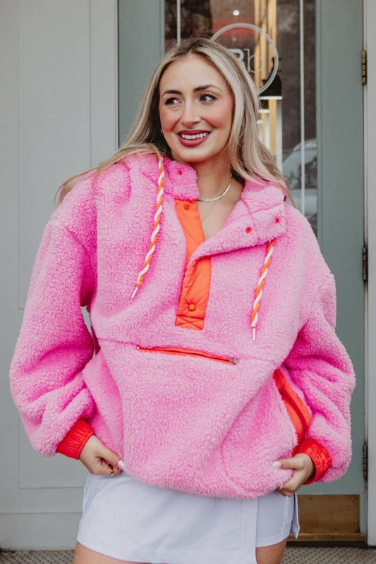 Pink Two-Toned Sherpa Pullover Hoodies: Pink