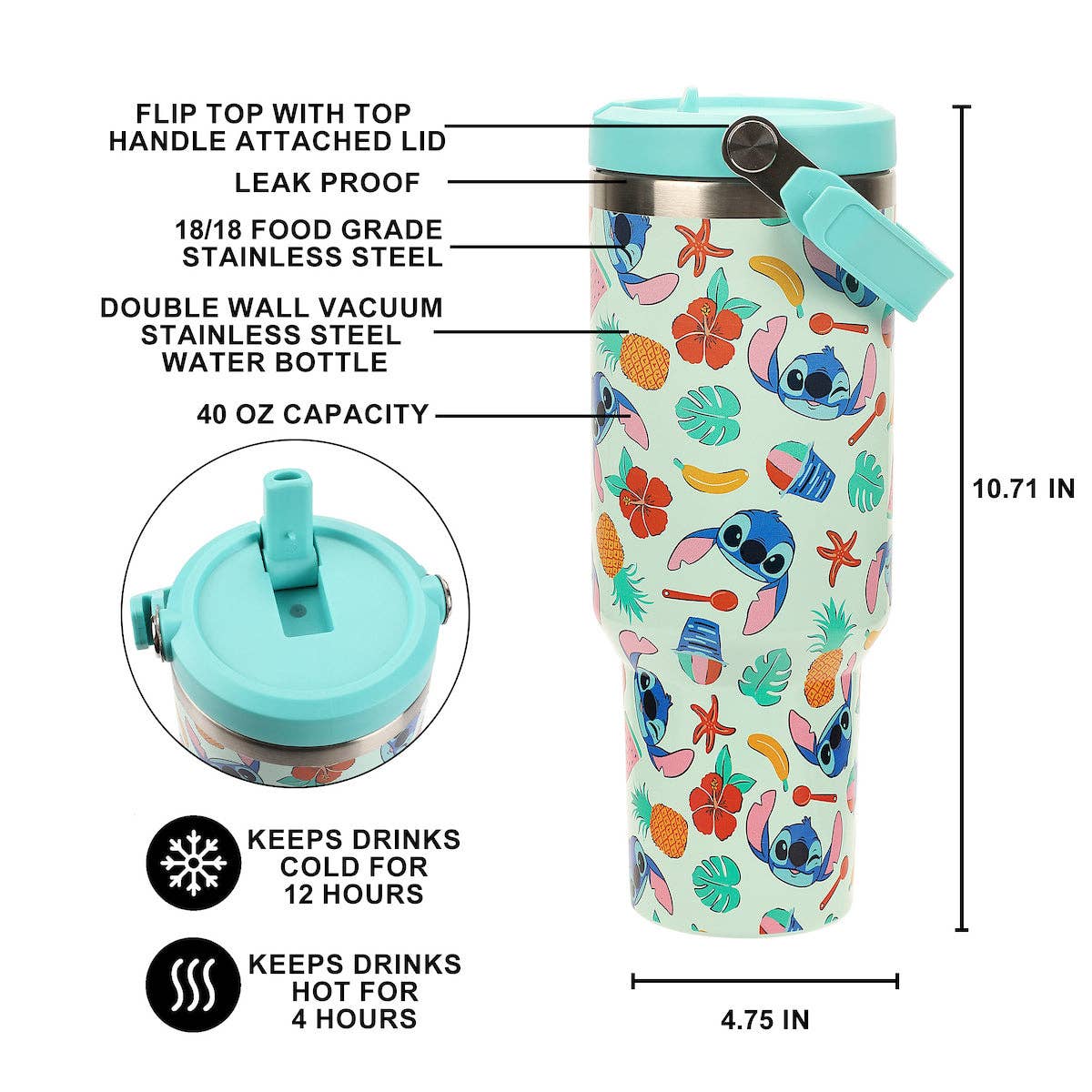 Lilo & Stitch All-Over Tropical Stitch Print Blue 40 Oz Stainless Steel Water Bottle