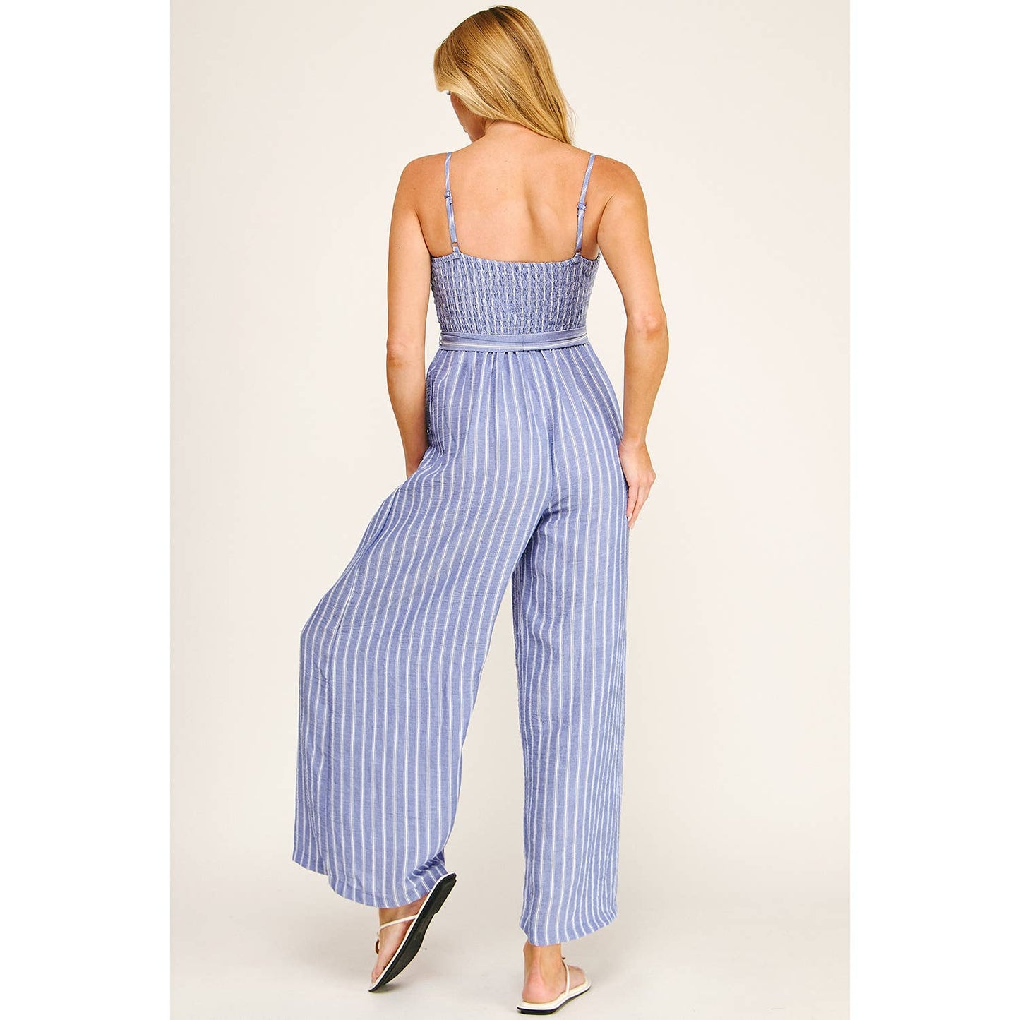 Coastal Stripe Smocked Wide Leg Jumpsuit: Blue