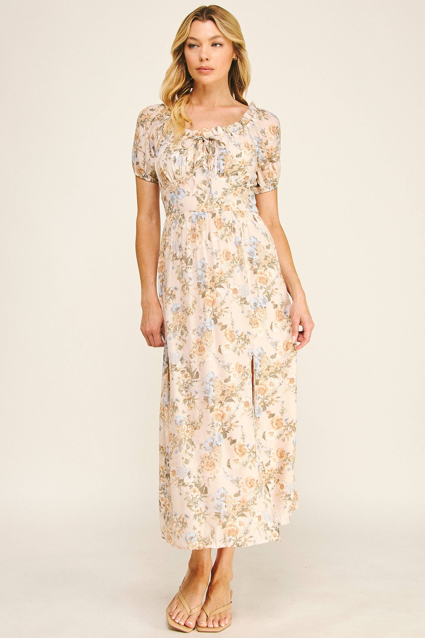 Sunlit Meadow Floral Maxi Dress: Tan