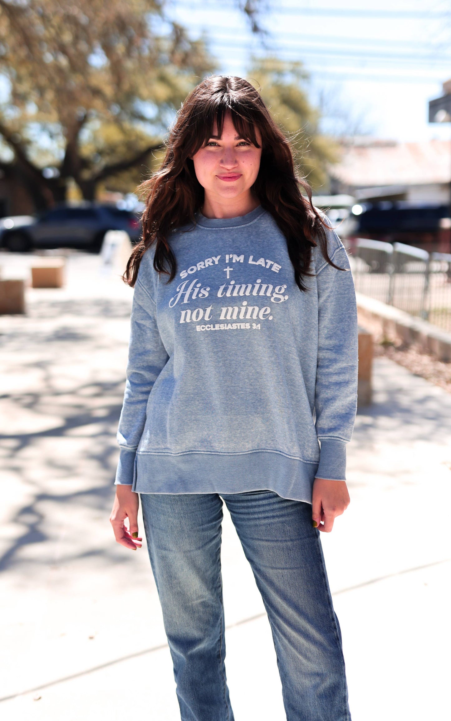 His Timing, Not Mine (Blue Jean) - Burnout Pullover