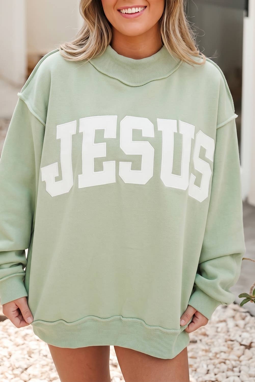 Jesus Long Sleeve Shift Mock Neck Sweatshirt: Meadow Mist Green
