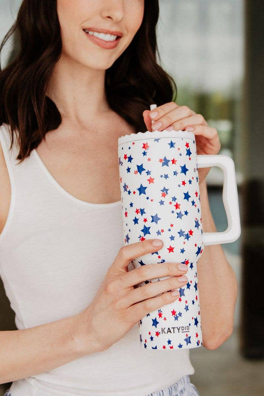 Red, White, Blue STAR 38 Oz Tumbler w/ Handle: White