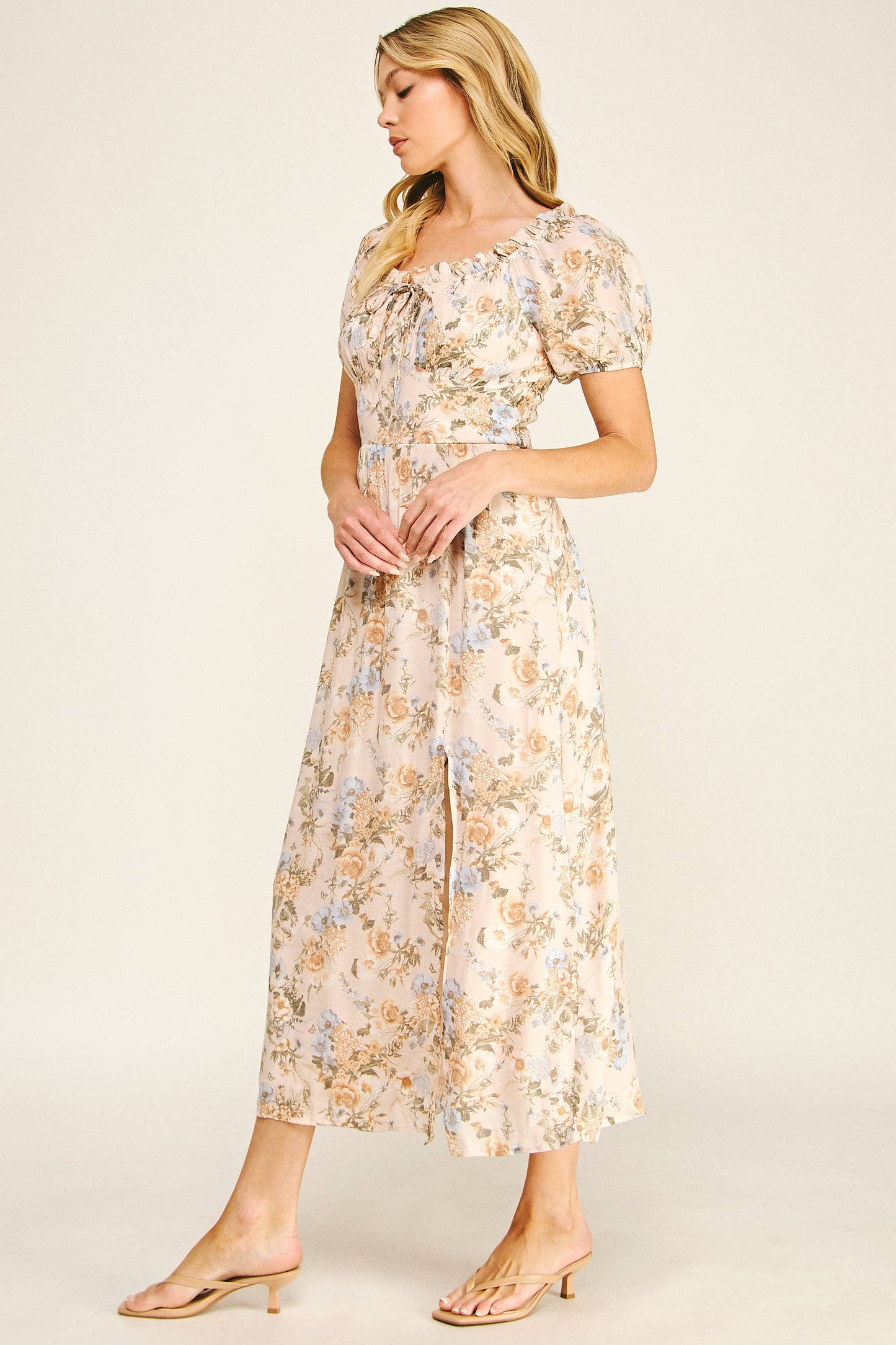 Sunlit Meadow Floral Maxi Dress: Tan