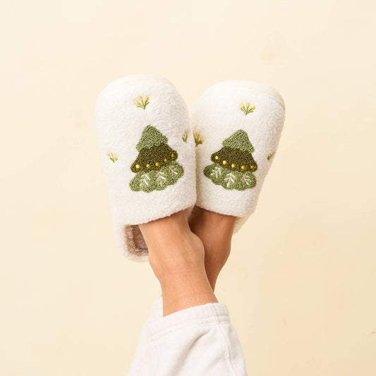 Fuzzy Holiday Slippers - Tree: M/L