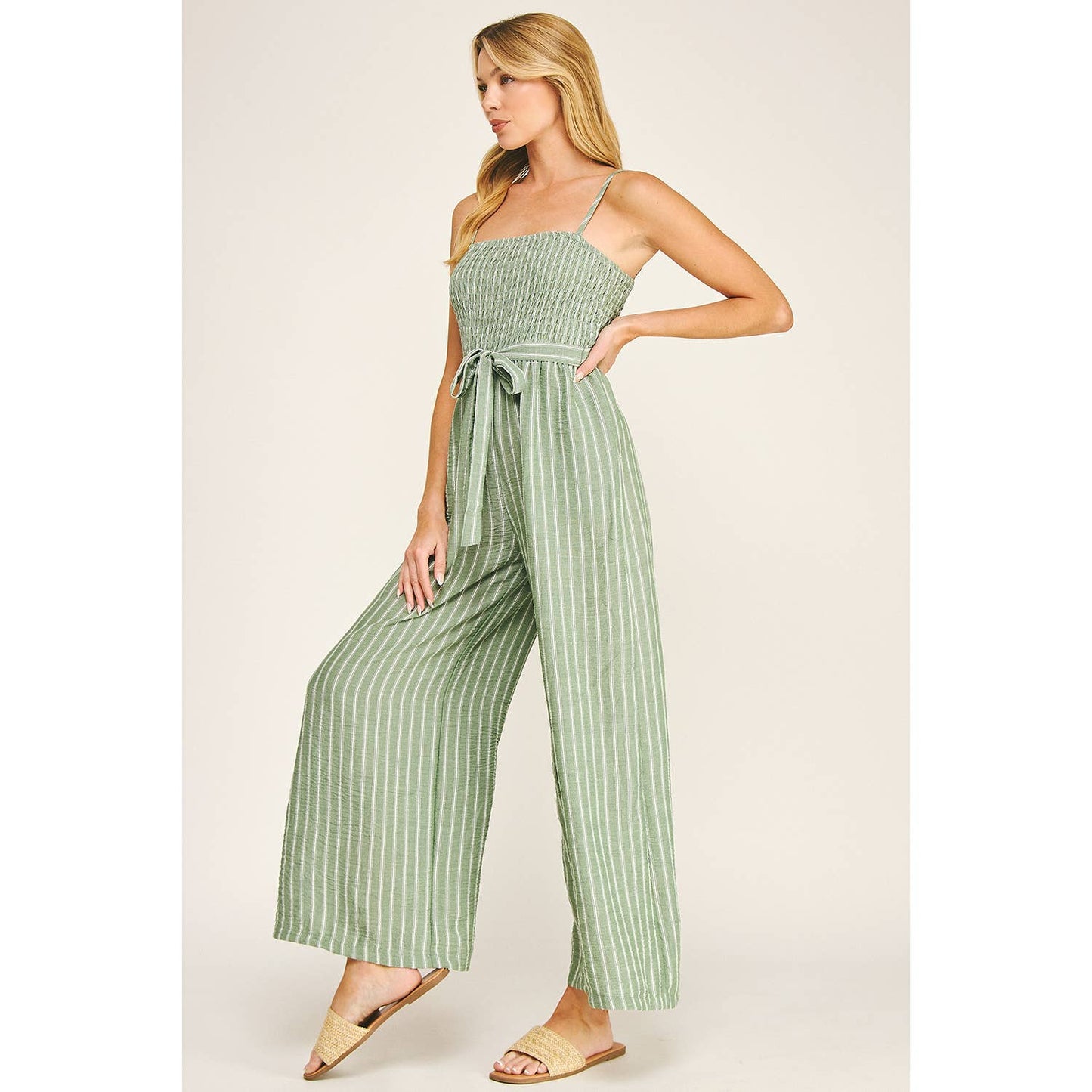 Coastal Stripe Smocked Wide Leg Jumpsuit: Sage