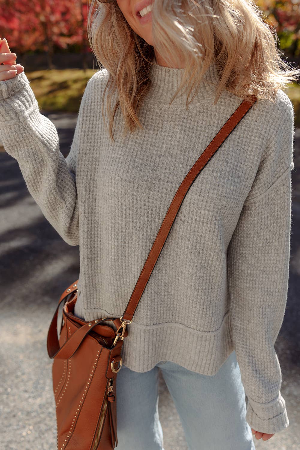 Waffle Texture Knit Ribbed Mock Neck Drop Shoulder Sweater: Gray Morn