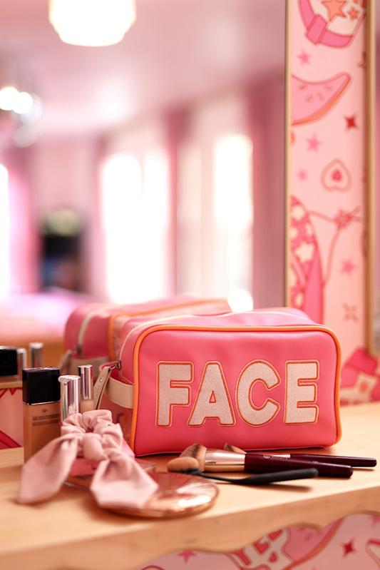 Handle Cosmetic Bag- 'Face' Embroidered (Pink/Orange/Cream)