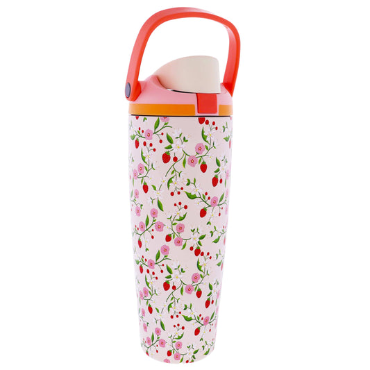 Berry Bloom Water Bottle with Bucket Handle and Straw Cap