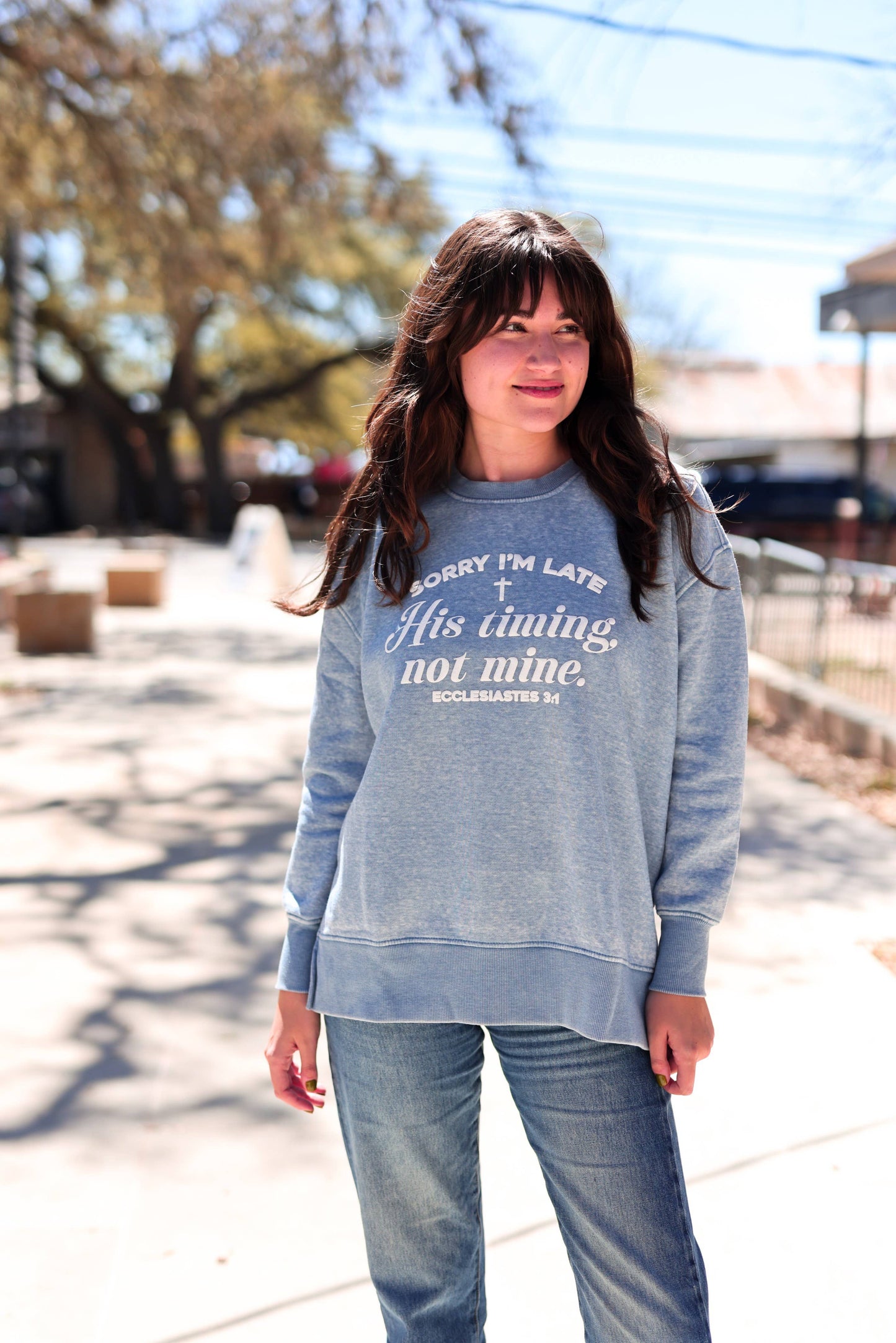 His Timing, Not Mine (Blue Jean) - Burnout Pullover
