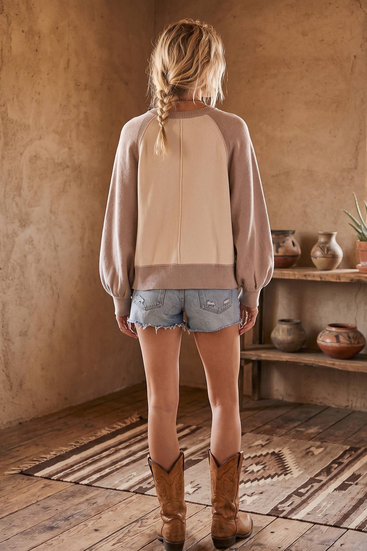 Color Block Henley Sweater: Taupe/Cream