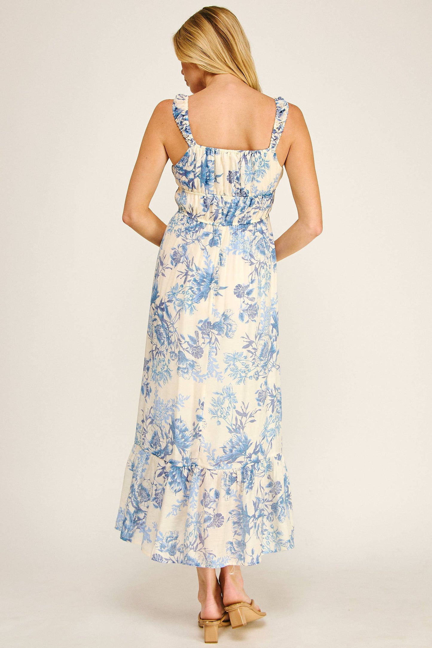 Juliette Soft Blue Floral Midmaxi Dress - Blue/Cream