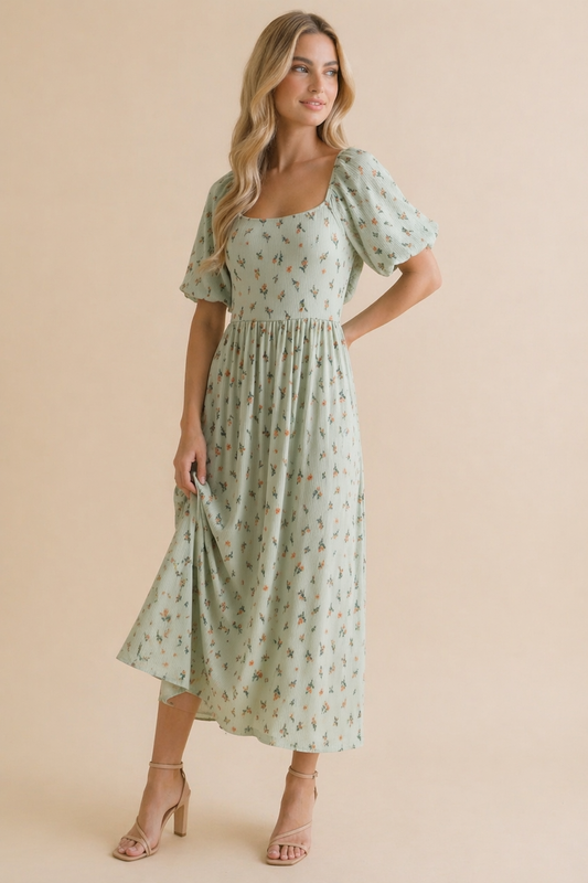 *PRE-ORDER* Square Neck Floral Babydoll Rib Knit Dress: Sage