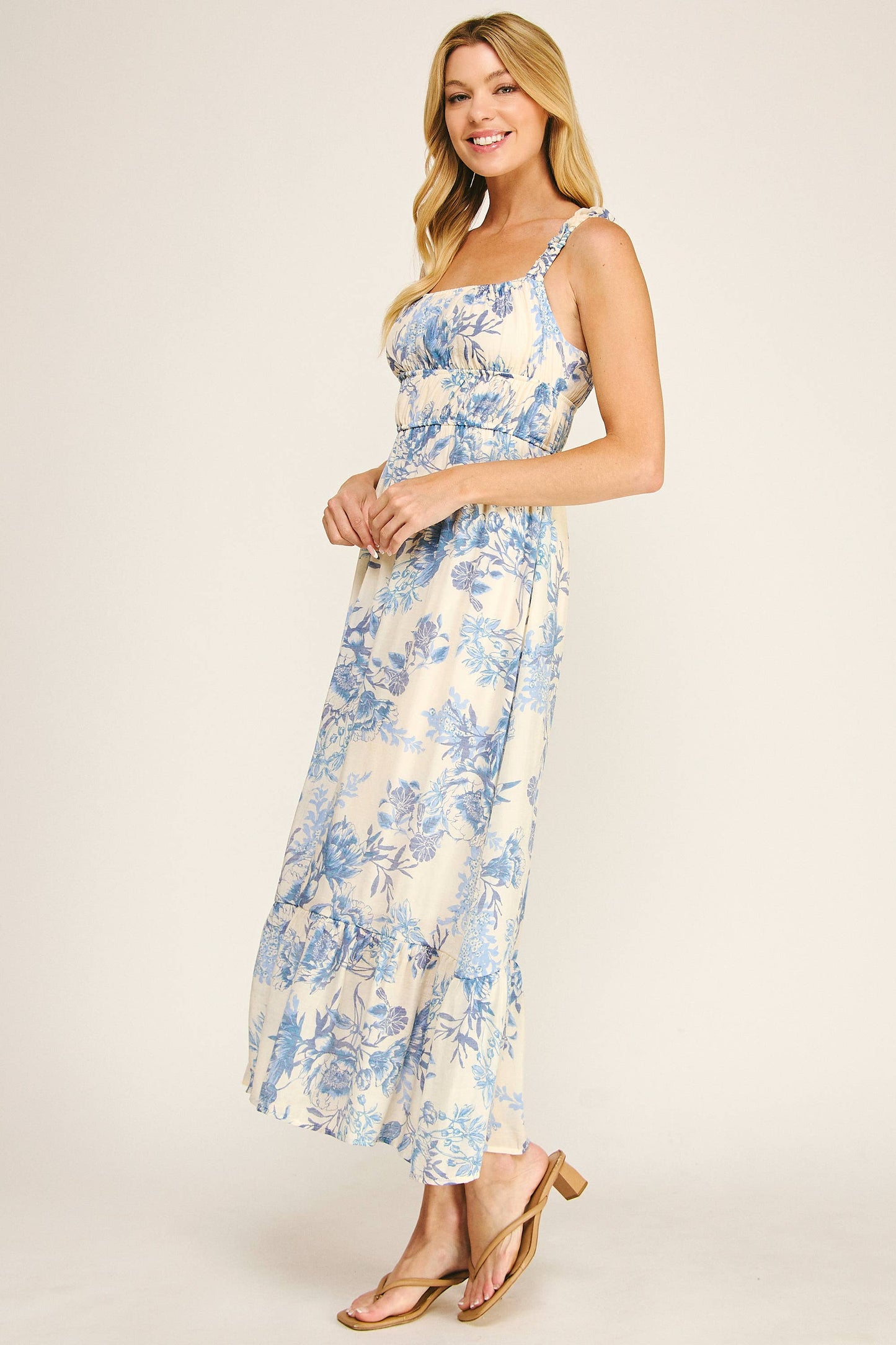 Juliette Soft Blue Floral Midmaxi Dress - Blue/Cream