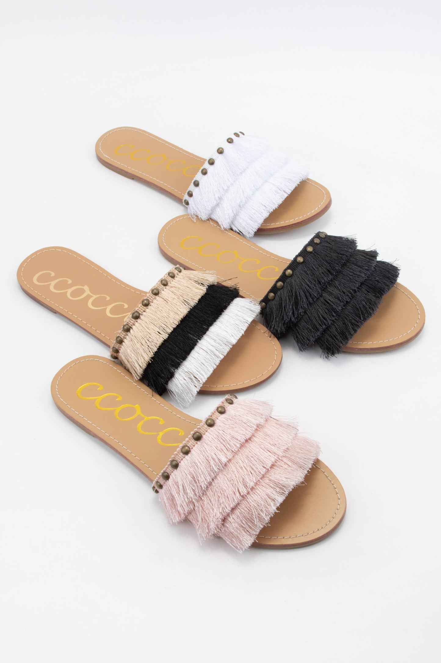 MARGARITA Fringe Tassel Slide Sandals Satin Upper Summer Fla: BLUSH / B12