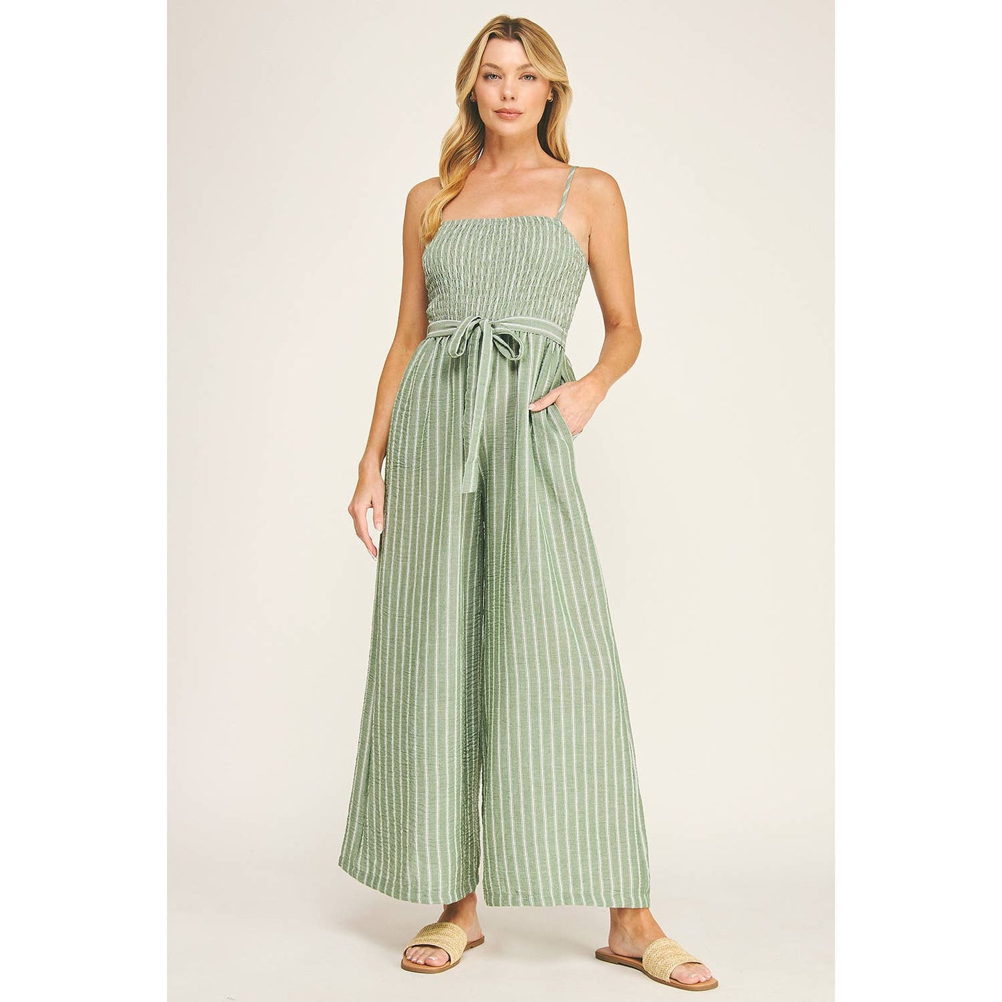 Coastal Stripe Smocked Wide Leg Jumpsuit: Sage