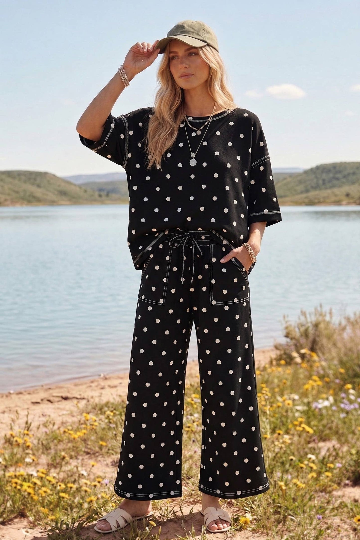 Heavy Scuba Polka Dot Short Sleeve Set: BLACK/WHITE