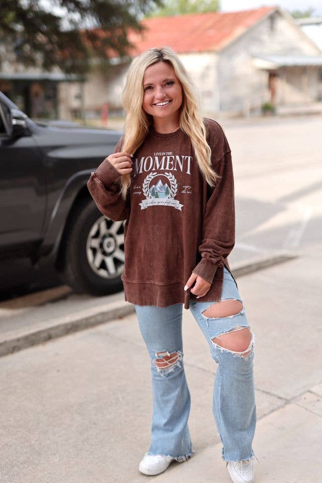 Mineral Wash Pullover- Live in the Moment (Espresso)
