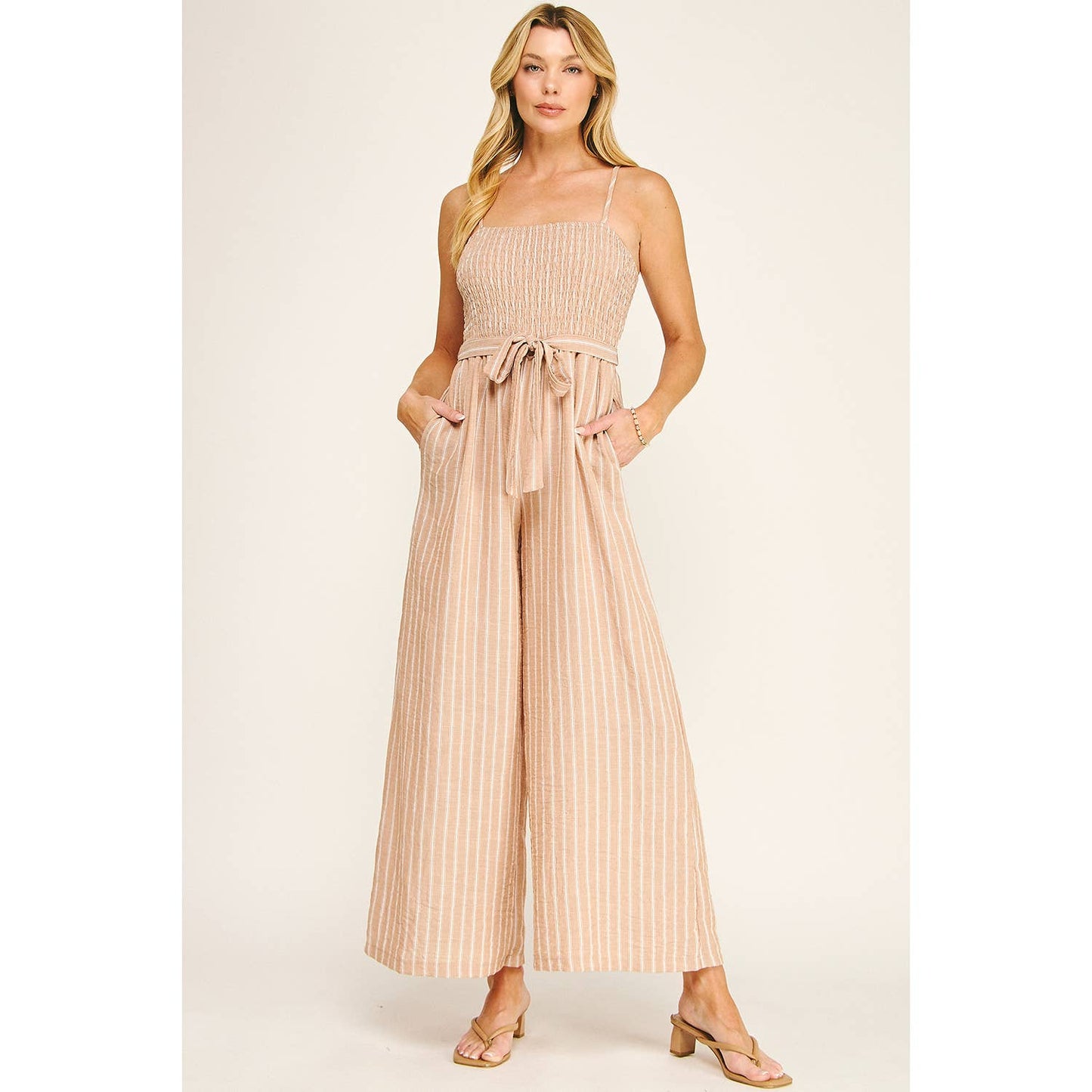 Coastal Stripe Smocked Wide Leg Jumpsuit: Tan