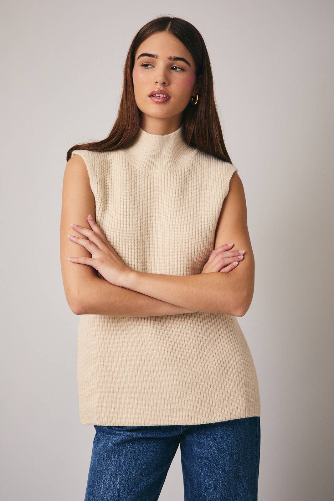 High Neck Sleeveless Sweater Top: Cream