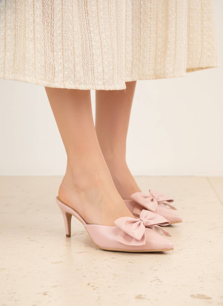 Carol Pointed Toe Kitten Heel Mules with Oversized Statement: Blush
