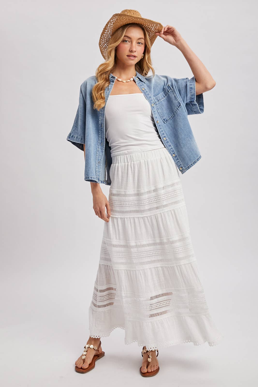 Denim Button Down Short Sleeve Boxy Shirt: Lt. Wash