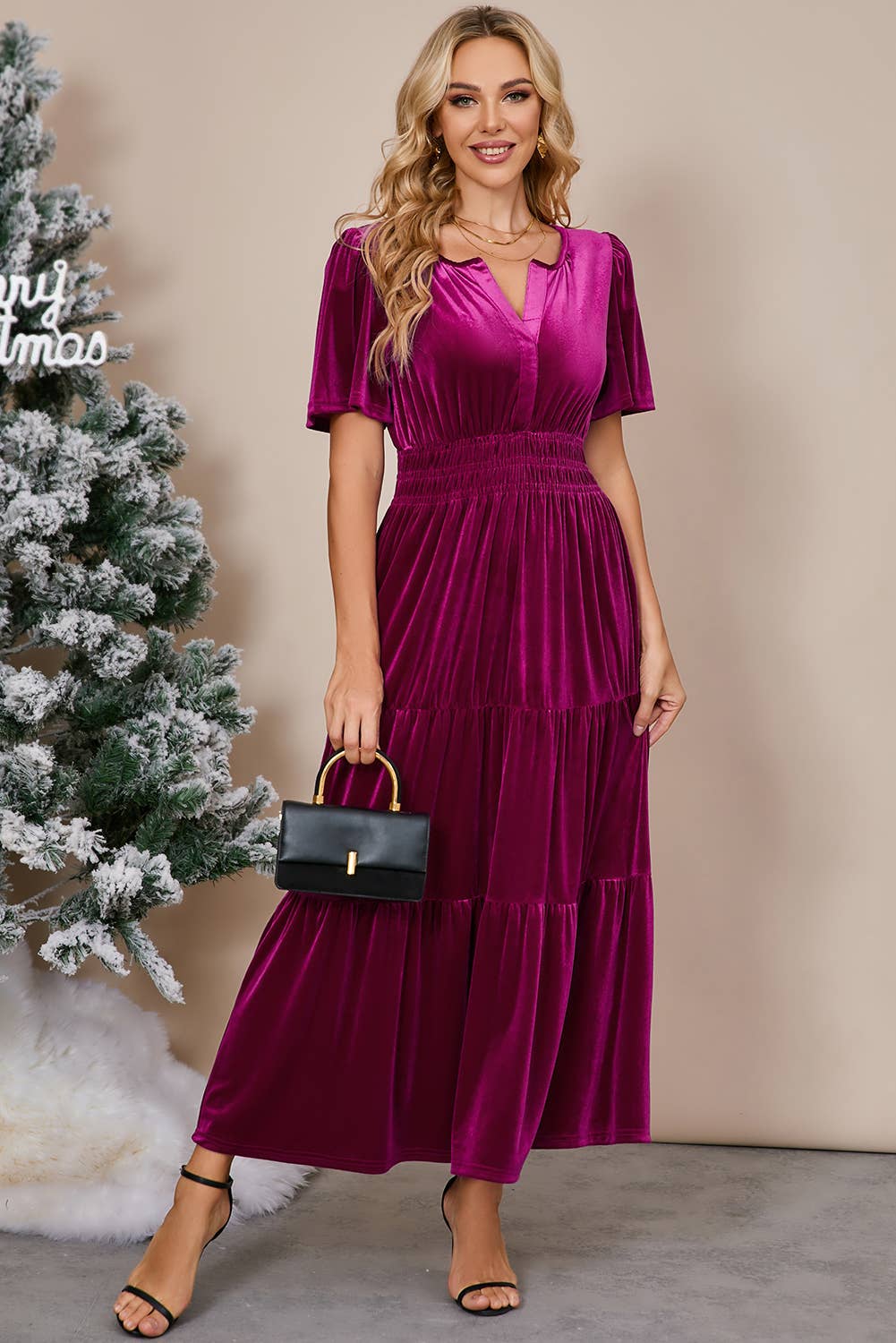 Chic Velvet Shirred Waist Tiered Fall Maxi Dress