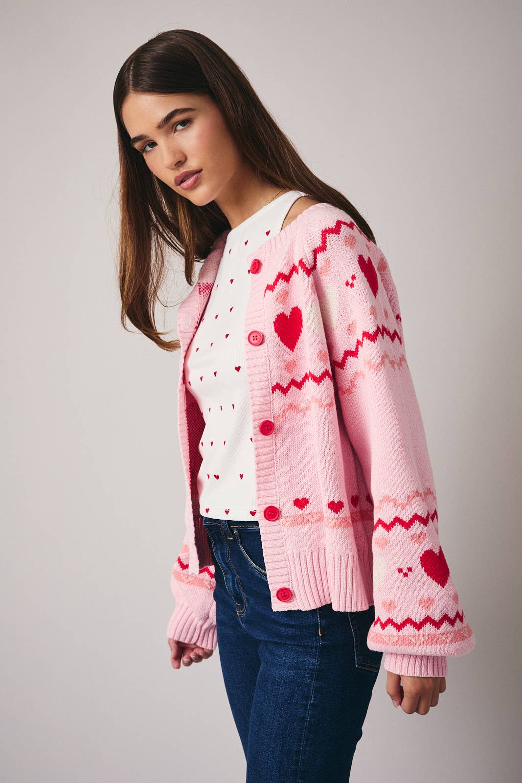 ROUND NECK LONG SLEEVE "HEART" PATTERN SWEATER CARDIGAN: PINK