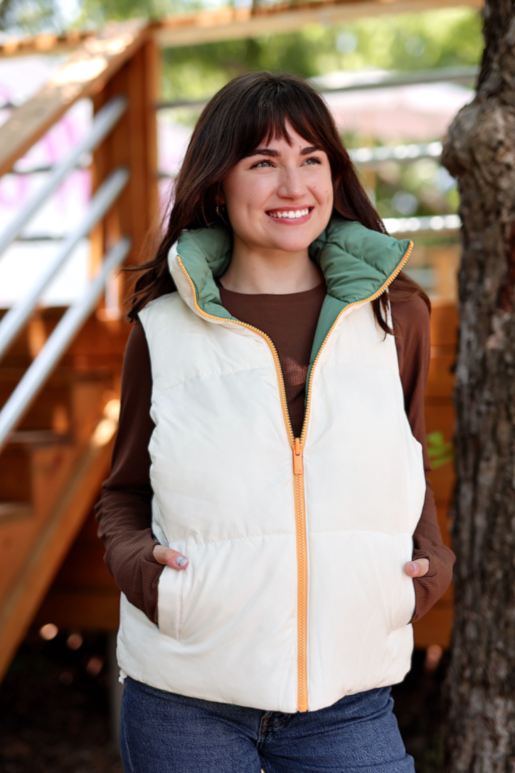 Reversible Quilted Puffer Vest- Olive/Cream