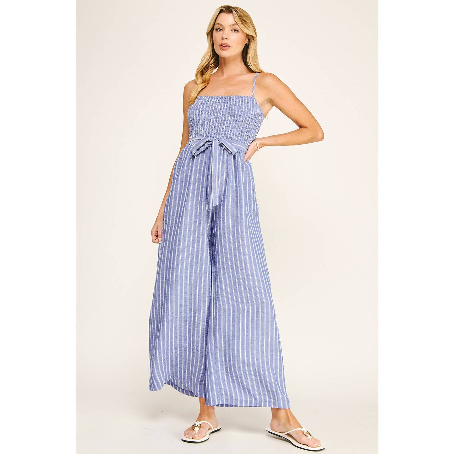 Coastal Stripe Smocked Wide Leg Jumpsuit: Blue