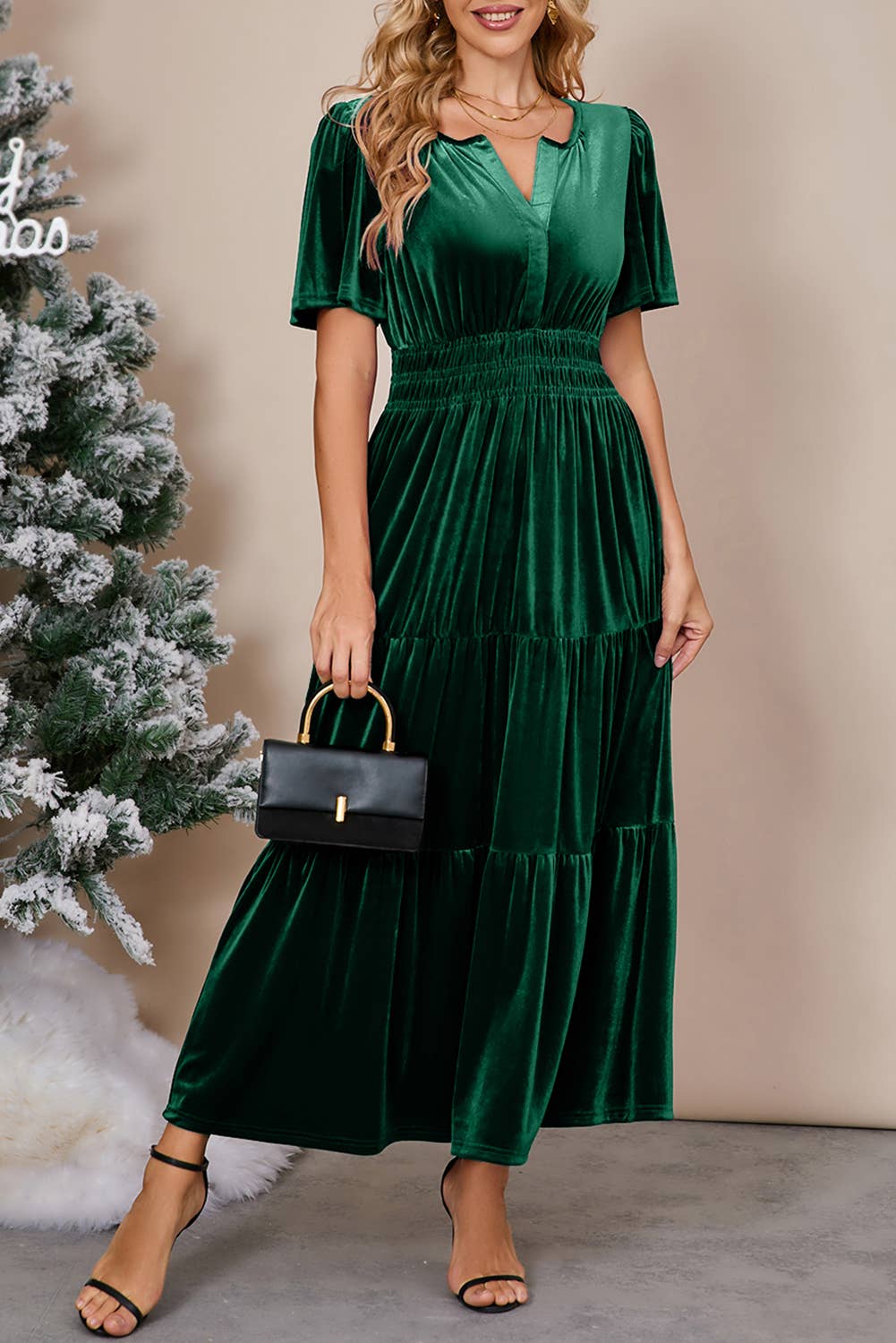 Chic Velvet Shirred Waist Tiered Fall Maxi Dress