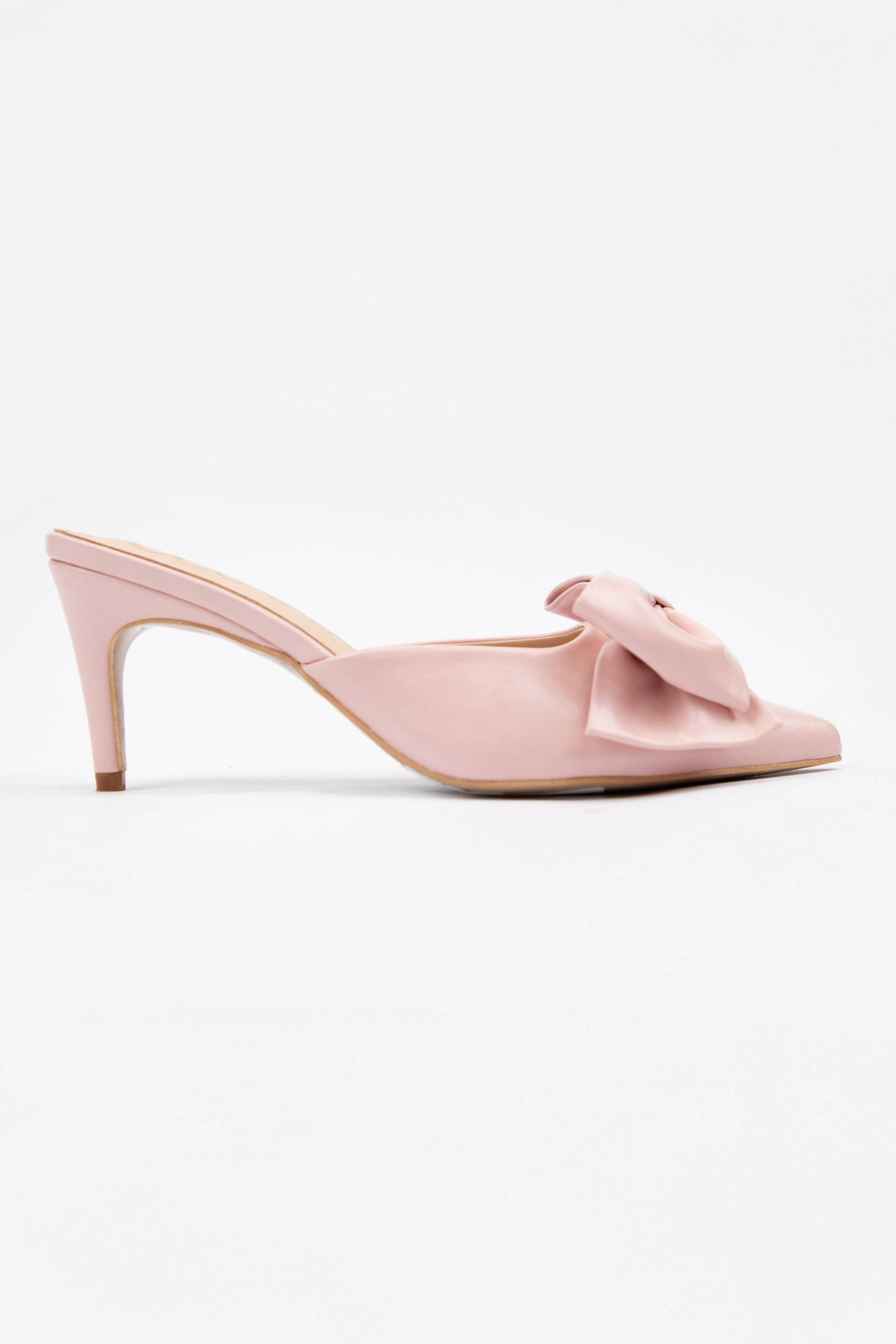 Carol Pointed Toe Kitten Heel Mules with Oversized Statement: Blush