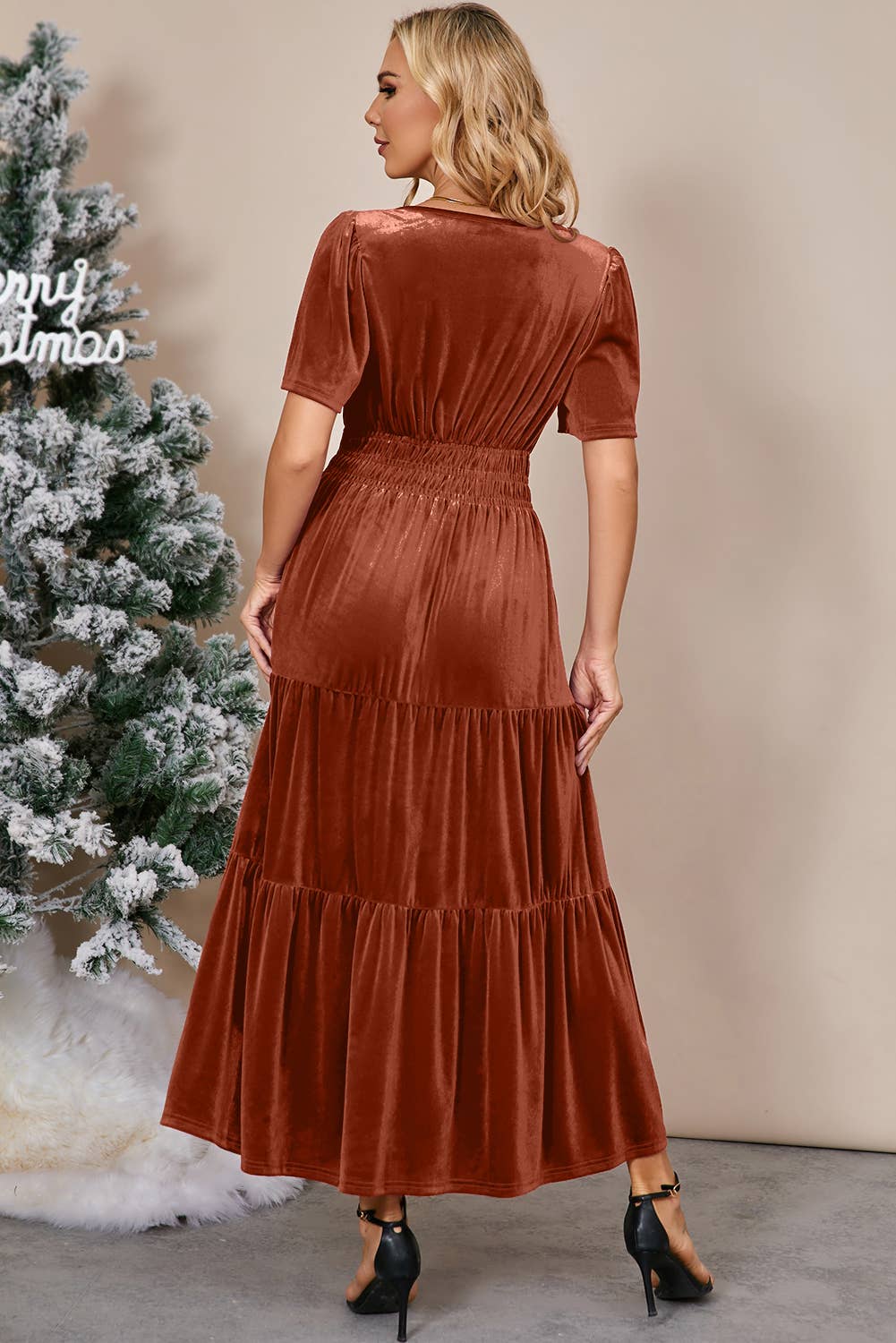 Chic Velvet Shirred Waist Tiered Fall Maxi Dress