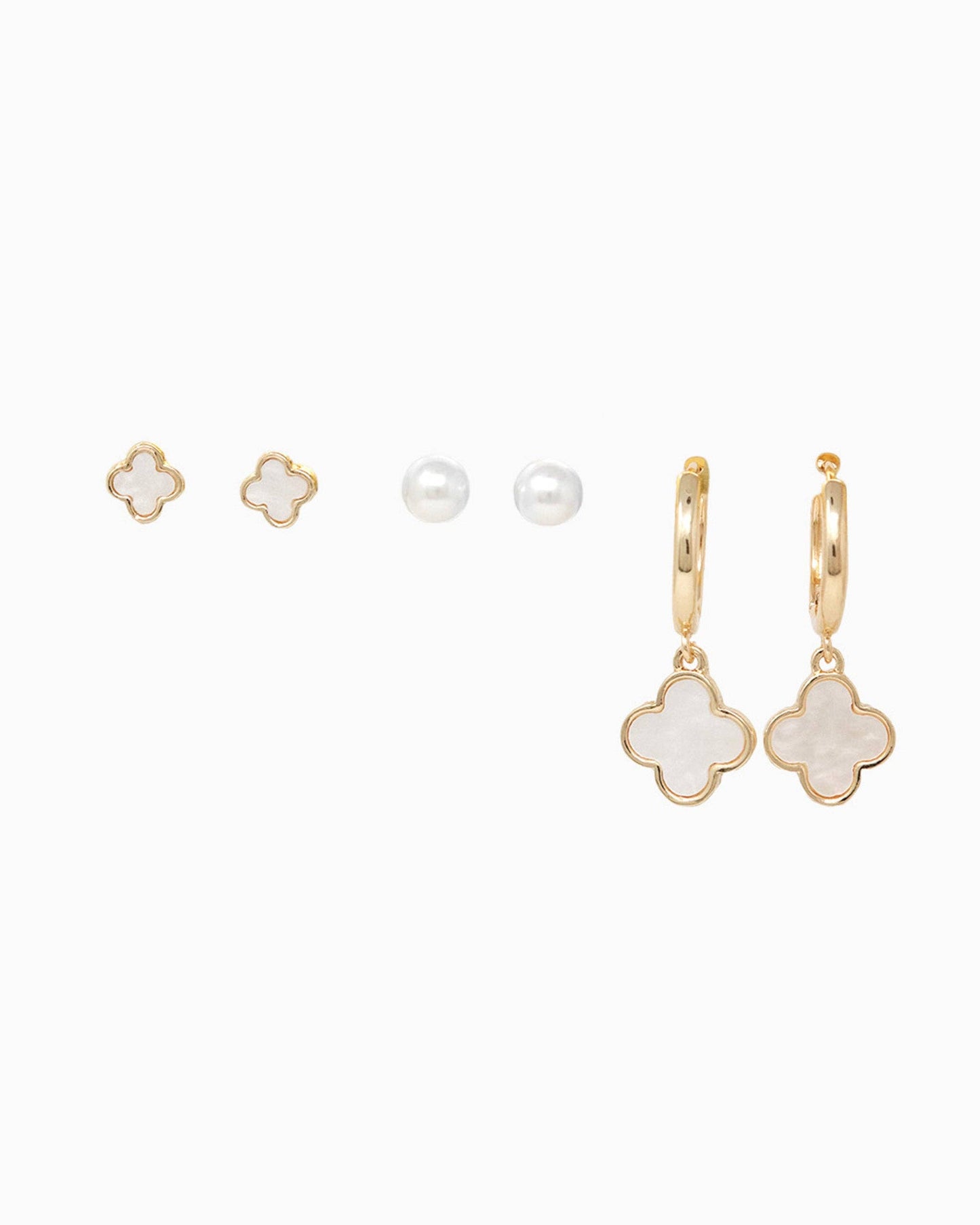 Mother of Pearl Clover Earring Set, Set of 3: White