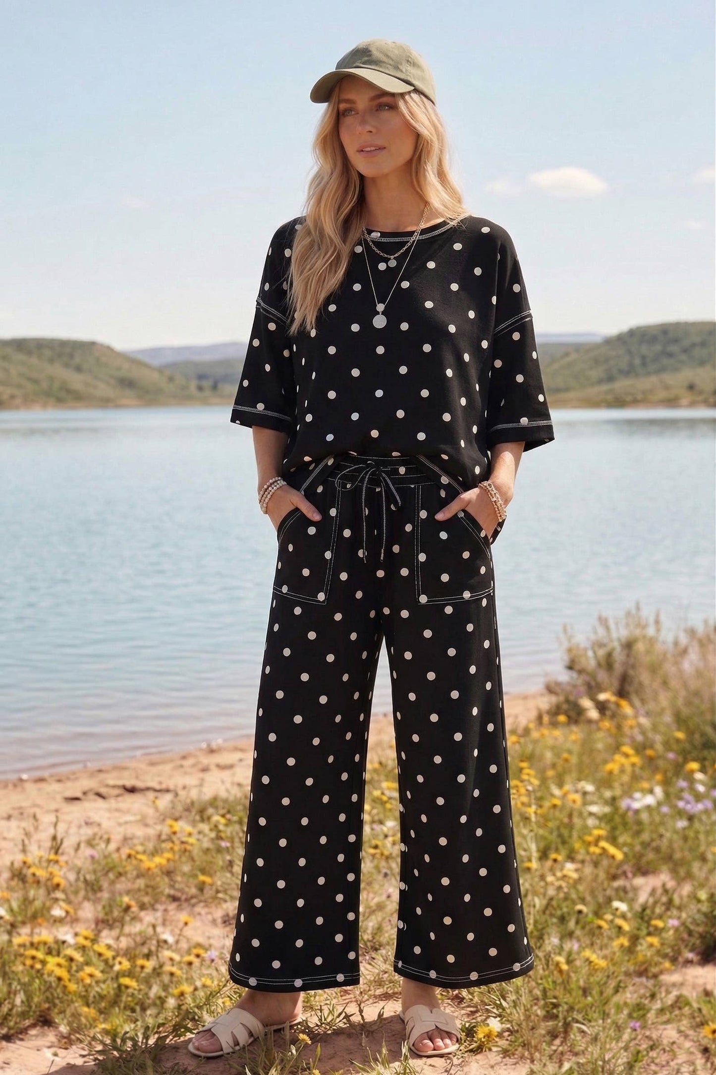 Heavy Scuba Polka Dot Short Sleeve Set: BLACK/WHITE