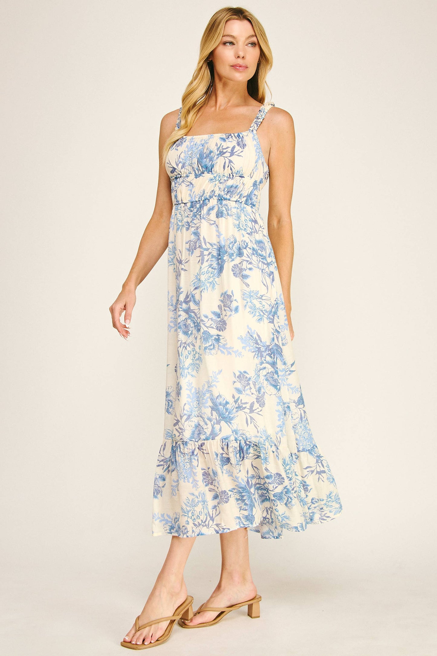 Juliette Soft Blue Floral Midmaxi Dress - Blue/Cream
