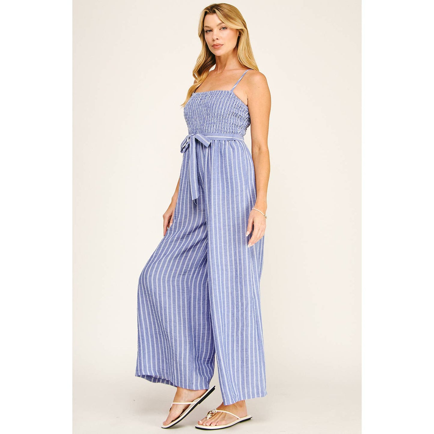 Coastal Stripe Smocked Wide Leg Jumpsuit: Blue
